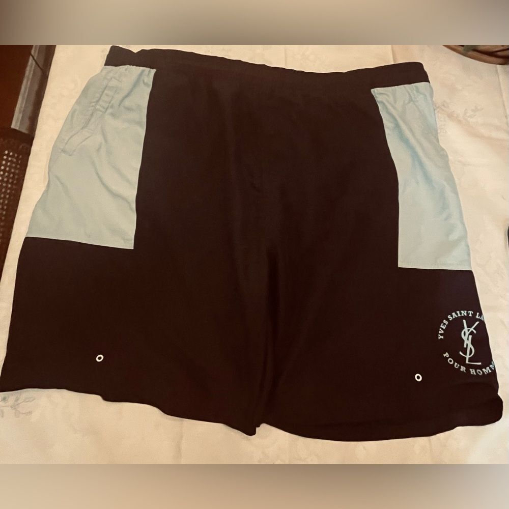 Yves St. Laurent Swim Shorts - Y2K Gym Shorts - Size 38 waist - Navy Light Blue